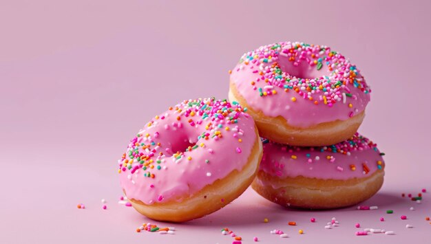 Donuts esmaltados con salpicaduras coloridas en un fondo rosado delicioso y vibrante encarnando una dulce indulgencia