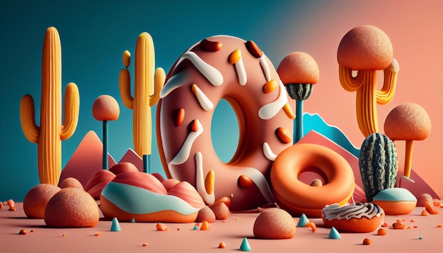 Donuts estilo 3D Composición de donuts colores y formas vibrantes Escena de fondo aislada abstracta