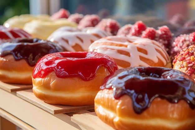 Donuts exibidos em um festival de comida ou feira