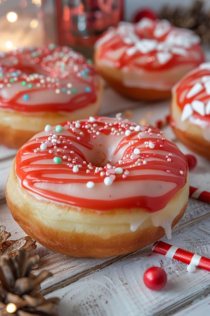 Donuts festivos con gotas rojas y salpicaduras