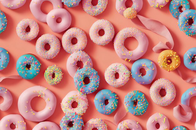 Donuts en filas de colores y sabores sabrosos. fondo creativo de dulces y caramelos, postres coloridos y deliciosos