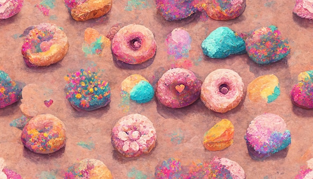 Donuts en filas de colores y sabores sabrosos. fondo creativo de dulces y caramelos, postres coloridos y deliciosos