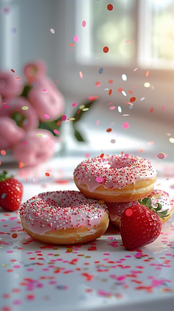 Donuts de fresa en una mesa blanca con papel de colores esparcido por toda la imagen