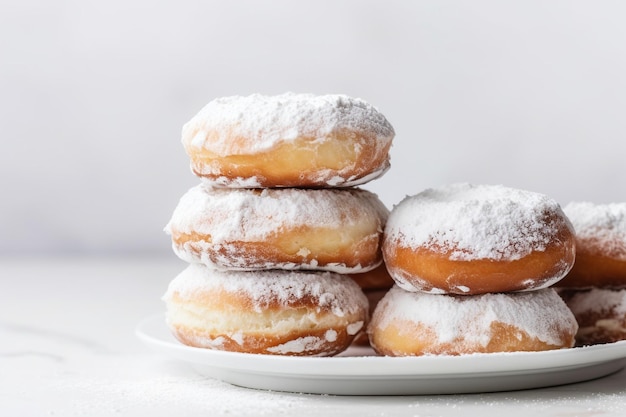 Donuts fritos frescos caseros cubiertos con azúcar en polvo sobre un fondo blanco de enfoque selectivo