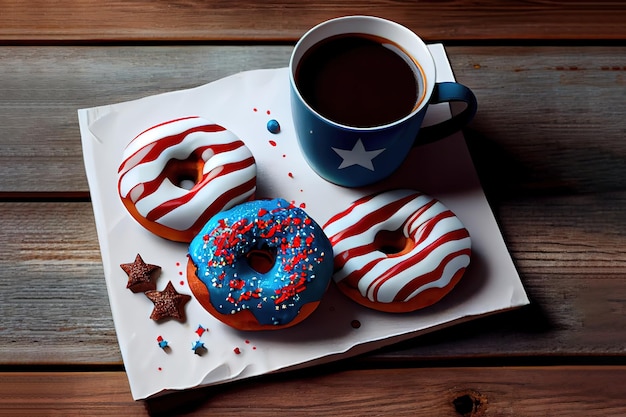 Donuts uno con glaseado azul y estrellas blancas y con glaseado rojo y rayas blancas y una taza