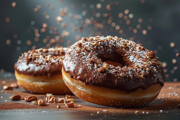 Donuts glazados con chocolate con nueces salpicadas y polvo de cacao