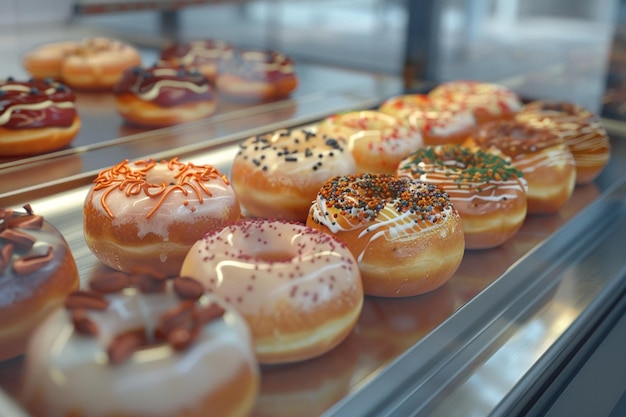 Donuts gourmet artesanais exibidos em uma padaria