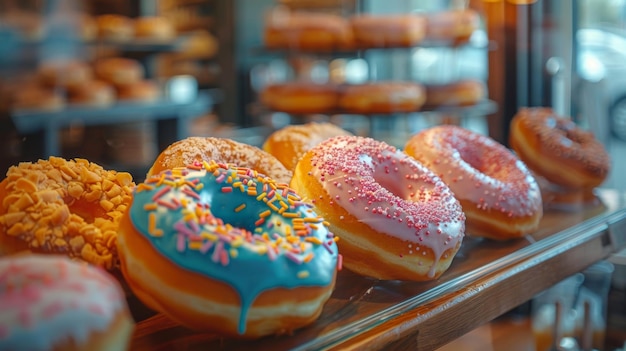 Foto donuts gourmet em exposição na padaria
