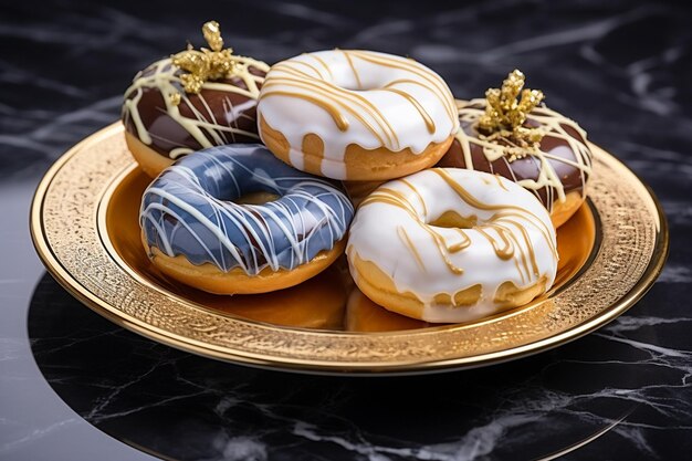 Donuts grandes y pequeños dispuestos en un plato azul sobre una superficie de mármol