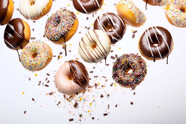 Donuts im Flug auf weißem Hintergrund