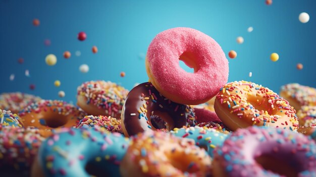 Donuts in der Luft mit Sprinkles bedeckt und mit rosa Glasur überzogen Generative AI