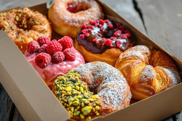 Donuts in Papierkiste Früchte Himbeeren Donuts Pistazien Croissant Sammlung