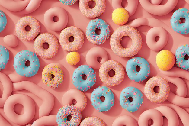 Donuts in Reihen von Farben und leckeren Aromen. kreativer Hintergrund aus Süßigkeiten und Bonbons, farbenfrohen und köstlichen Desserts