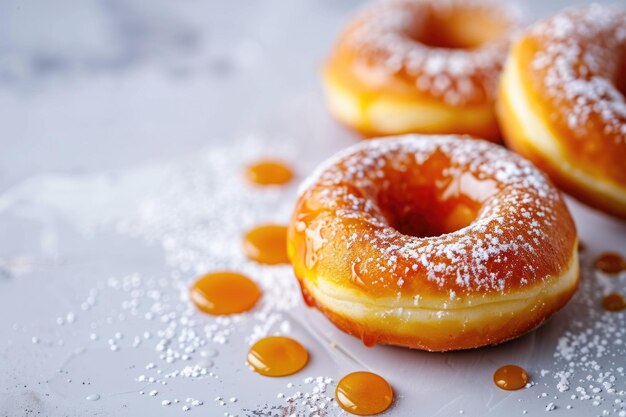 Foto donuts in zuckerpulver und karamelltröpfchen auf einem hellen hintergrund mit kopierraum