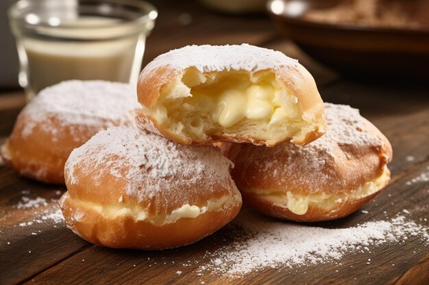 Donuts llenos de crema con crema de mantequilla y azúcar en polvo en la mesa