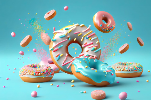 Donuts mit Glasur fliegen über babyblauen Hintergrund, bunte Streusel fallen herunter. Generative KI