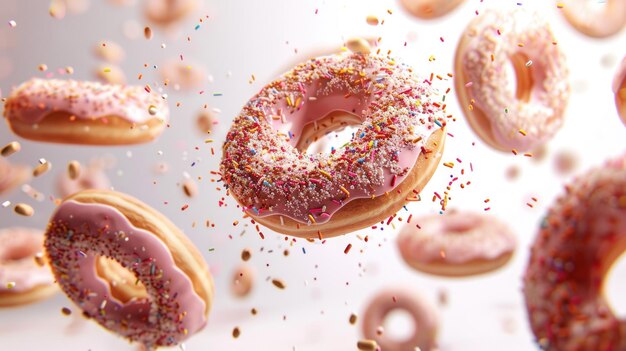 Donuts mit Sprinkles, die über einem weißen Hintergrund fliegen Donuts