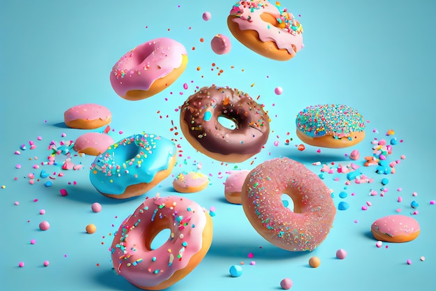 Donuts pastéis com glacê em movimento Generative Ai