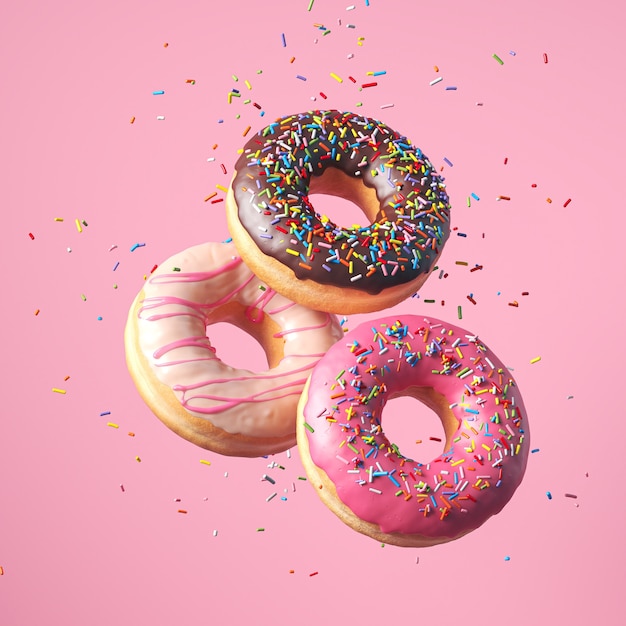 Donuts polvilhados com Fosco voador. Conjunto de donuts multicoloridos com granulado isolar em fundo rosa. Renderização 3D.