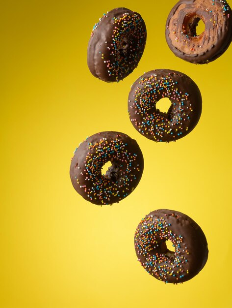 Donuts redondos de chocolate con chispitas de azúcar multicolores levitan sobre un fondo amarillo