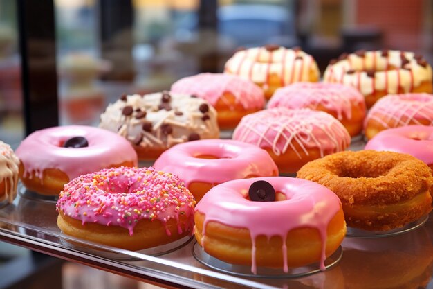 Donuts rosados expuestos en una caja de panadería con una variedad de sabores