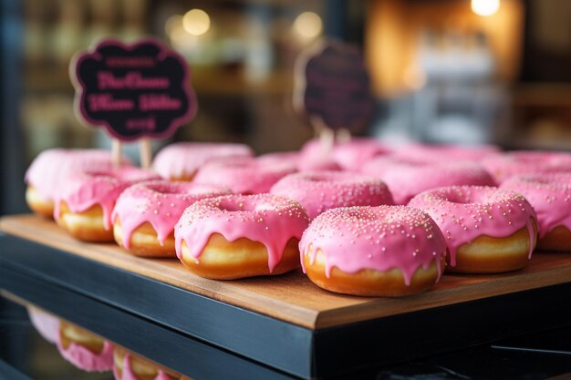 Foto donuts rosados expuestos en una caja de panadería con una variedad de sabores