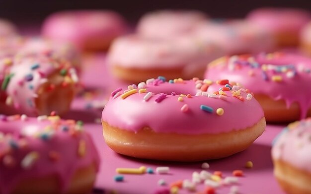 Donuts rosados con salpicaduras Fondo de comida dulce Donut recién horneado Imagen generada por IA