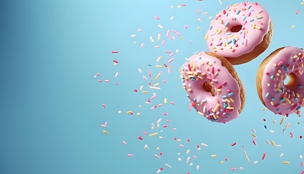 Foto donuts rosados voladores donut dulce sobre un fondo azul pastel