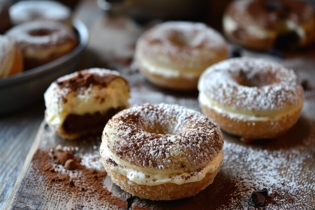 Donuts con sabor a tiramisu cubierto de crema y un poco de polvo de cacao rodeado de granos de café