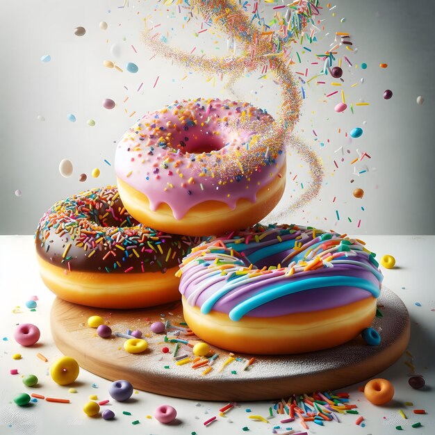 Donuts saborosos e coloridos com esmalte colorido e salpicaduras