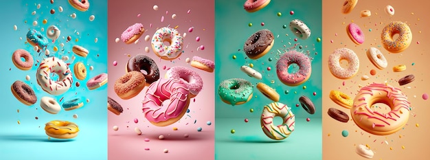 Donuts Set aislado con chispas volando sobre fondo blanco Ai generativo