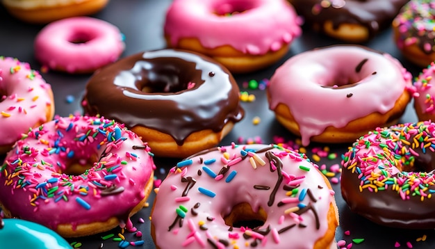 Donuts variados com chocolate esmaltado cor-de-rosa esmaltado e sprinkles donuts