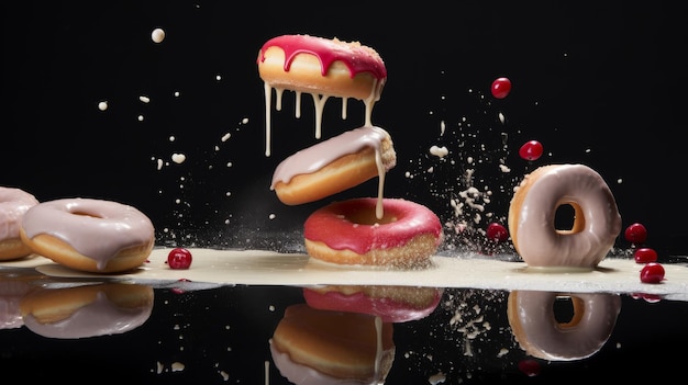 Donuts variados com gelo e salpicaduras