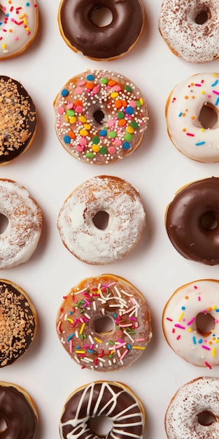 Donuts variados em fundo branco Vista superior de chocolate colorido congelado, esmaltado e salpicado