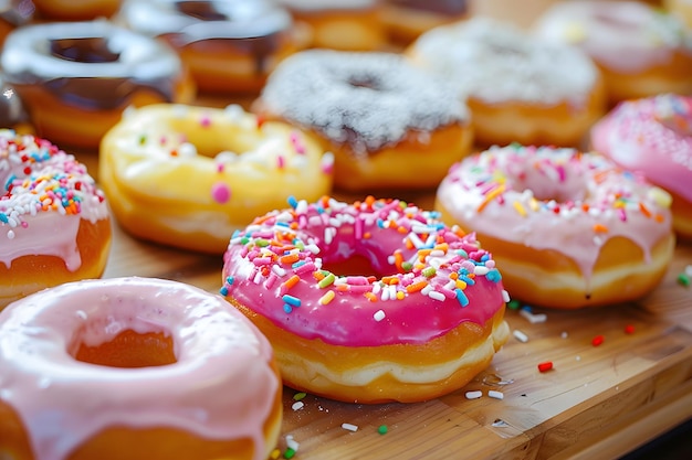 Donuts variados exibidos na mesa 7 de junho Dia Nacional do Donut Donut