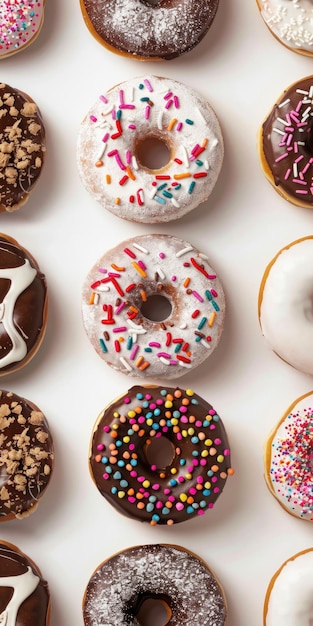 Donuts variados Vista superior de sobremesa colorida com chocolate congelado branco esmaltado e salpicado