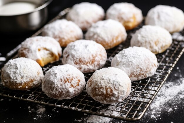 Donuts veganos espolvoreados con azúcar en polvo sobre una rejilla