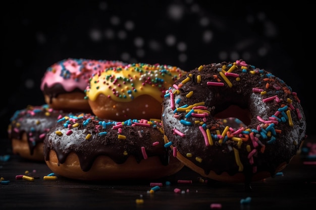 Donuts verschiedener Geschmacksrichtungen auf einem Teller vor dunklem Hintergrund