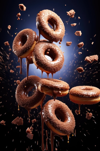 Donuts voadores bonitos com salpicaduras em fundo escuro conceito de comida moderna
