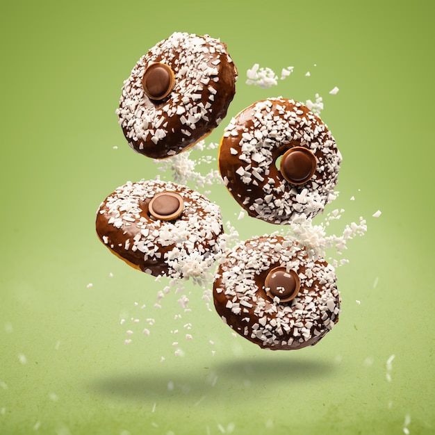 Donuts voadores de chocolate com lascas de coco e trufas de chocolate