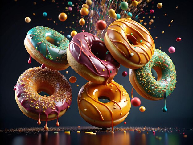 Donuts voadores espalhados com gelado Donuts esbranquiçados com espalhamento