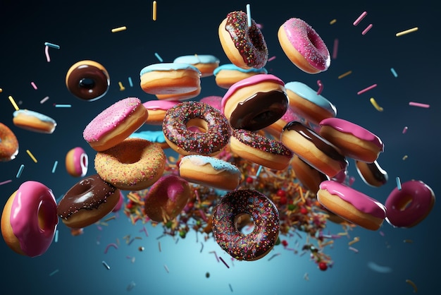 Foto donuts voadores mistura de donuts multicoloridos