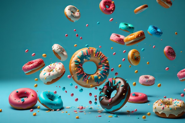 Donuts voladores con chispas sobre fondo azul IA generativa