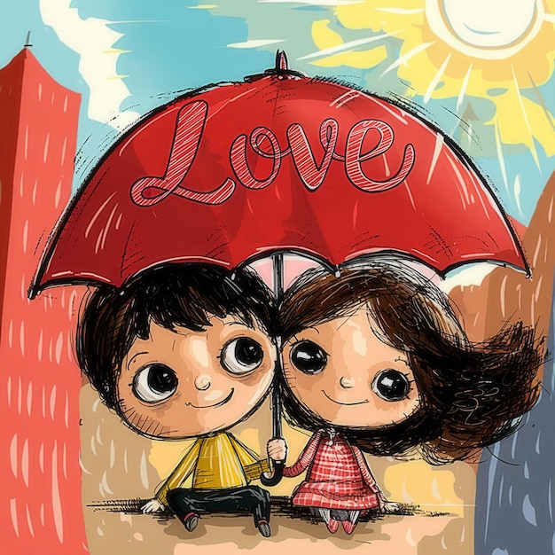 Foto doodle art ein junge und ein mädchen unter einem roten regenschirm