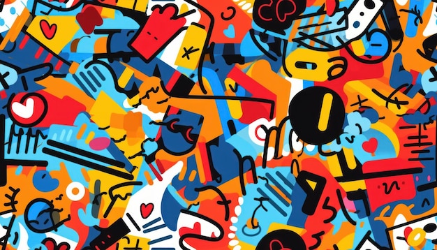 Doodle Art Seamless Pattern Moda Têxtil Roupas Esportivas Arte de Rua Grafite Estilo Generativo Ai