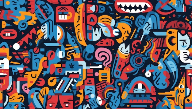 Doodle Art Seamless Pattern Moda Têxtil Roupas Esportivas Arte de Rua Grafite Estilo Generativo Ai