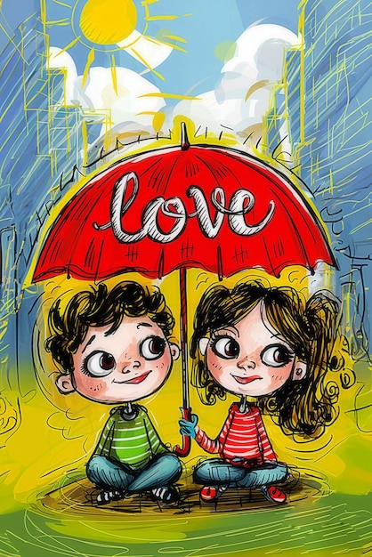 Doodle arte um menino e uma menina sob um guarda-chuva vermelho