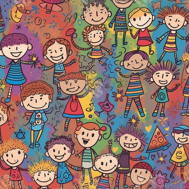 Foto doodle colorido de un grupo de niños.
