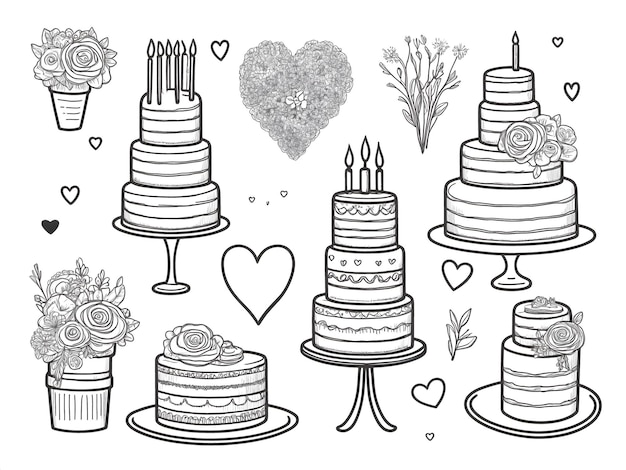 doodle de bolo de casamento com corações e flores em um fundo branco