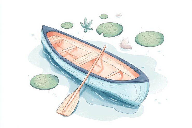 Foto doodle de uma canoa com um remo descansando na água cercado por lírios ilustração simples design bonito composição centrada cores pastel fundo branco